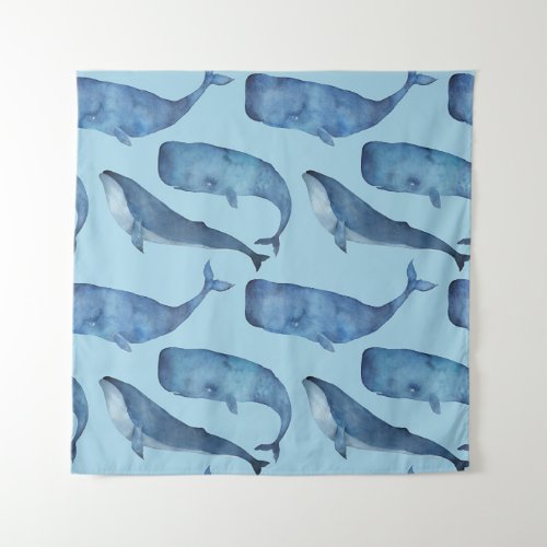 Watercolor whale seamless blue pattern tapestry