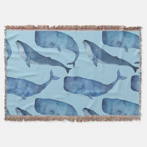 Watercolor whale seamless blue pattern throw blanket