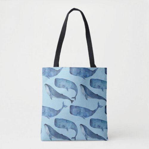 Watercolor whale seamless blue pattern tote bag