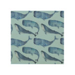 Watercolor whale: seamless blue pattern. wood wall art