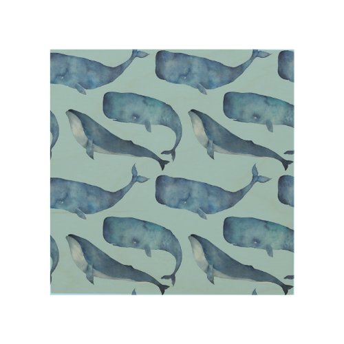 Watercolor whale seamless blue pattern wood wall art