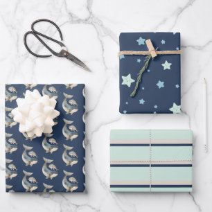 Watercolor Whale - Star - Stripe Pattern Navy Blue Wrapping Paper Sheets