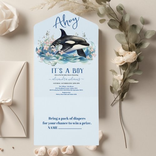 Watercolor Whale Under the Sea Baby Shower All In One Invitation