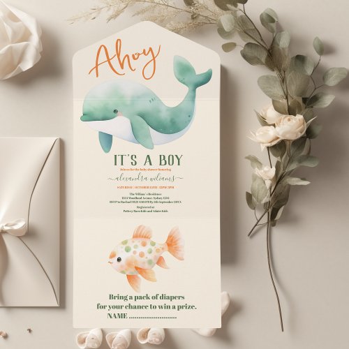 Watercolor Whale Under the Sea Baby Shower All In One Invitation