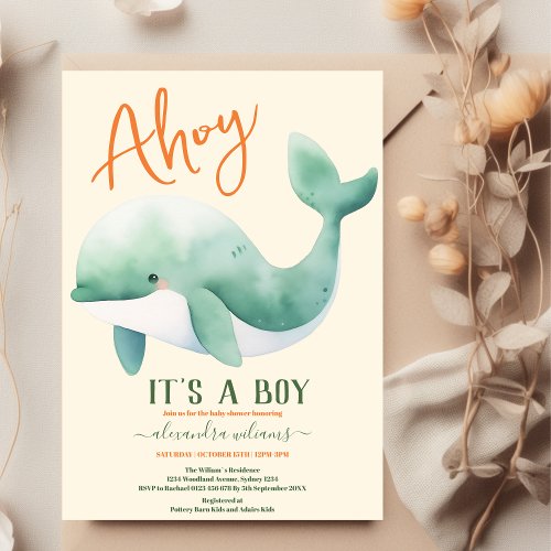 Watercolor Whale Under the Sea Baby Shower Invitation