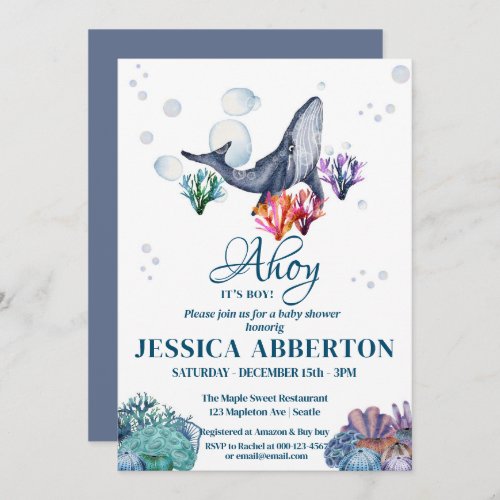 Watercolor Whale Under the Sea Baby Shower Invitation