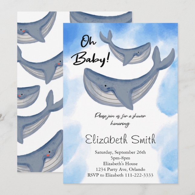 Watercolor Whale Under The Sea Baby Shower Invite (Front/Back)