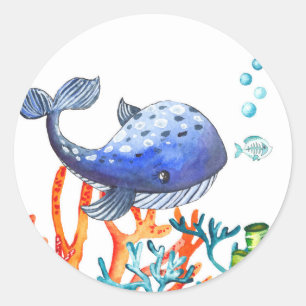 Watercolor Whale Under the Sea Birthday Classic Round Sticker