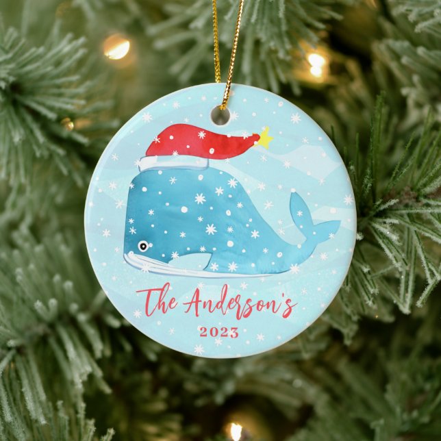 Watercolor Whale with Santa Hat Coastal Christmas Ceramic Ornament (Tree)