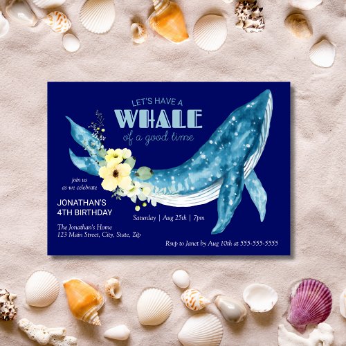 Watercolor Whale Yellow Floral Navy Birthday Party Invitation