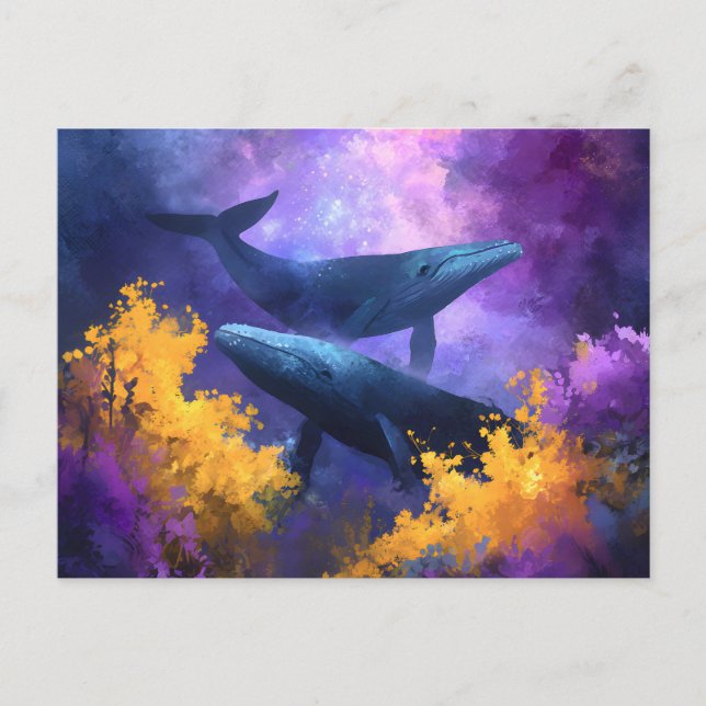 Watercolor Whales Abstract Ocean Garden Announcement Postcard (Front)