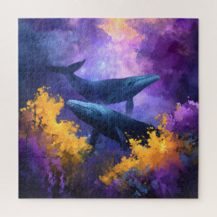 Watercolor Whales Abstract Ocean Garden Jigsaw Puzzle