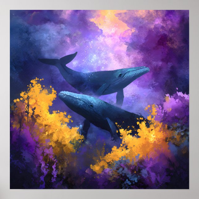 Watercolor Whales Abstract Ocean Garden Poster (Front)