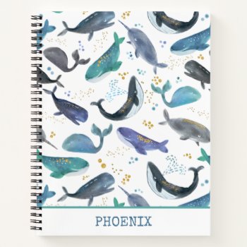 Watercolor Whales Ocean Animals Narwhals Kids Notebook by LilPartyPlanners at Zazzle