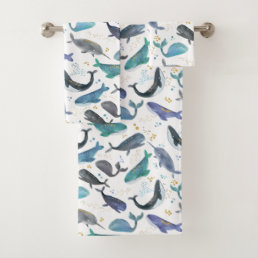 Watercolor Whales Ocean Fish Gold Blue Bath Towel Set