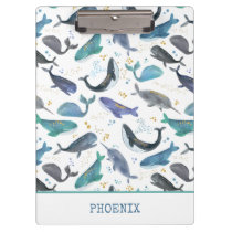 Watercolor Whales Ocean Fish Gold Blue Clipboard