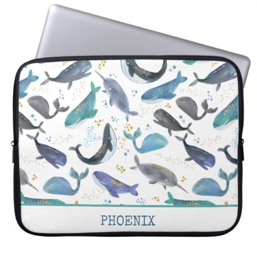 Watercolor Whales Ocean Fish Gold Blue Laptop Sleeve