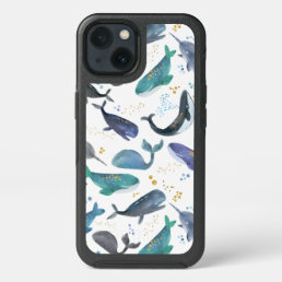 Watercolor Whales Ocean Fish Gold Blue iPhone 13 Case