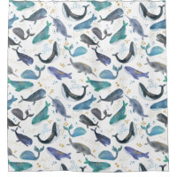 Watercolor Whales Ocean Fish Gold Blue