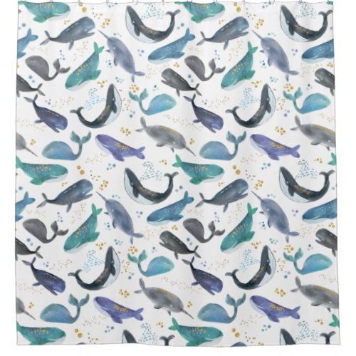 Watercolor Whales Ocean Fish Gold Blue Shower Curtain