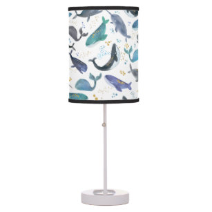 Watercolor Whales Ocean Fish Gold Blue Table Lamp