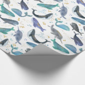 Watercolor Whales Ocean Fish Gold Blue Wrapping Paper (Corner)