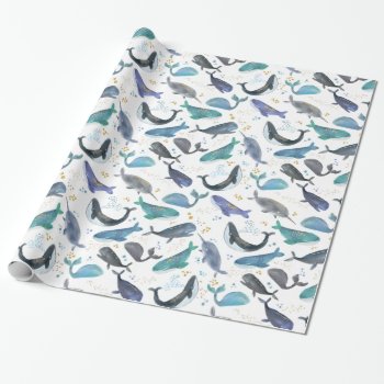 Watercolor Whales Ocean Fish Gold Blue Wrapping Paper by LilPartyPlanners at Zazzle