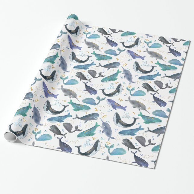 Watercolor Whales Ocean Fish Gold Blue Wrapping Paper (Unrolled)