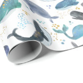 Watercolor Whales Ocean Fish Gold Blue Wrapping Paper (Roll Corner)