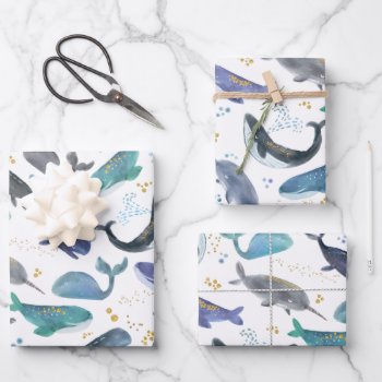 Watercolor Whales Ocean Fish Gold Blue Wrapping Paper Sheets by LilPartyPlanners at Zazzle