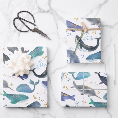 Watercolor Whales Ocean Fish Gold Blue Wrapping Paper Sheets
