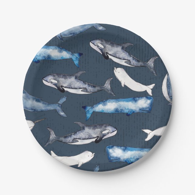 Watercolor Whales Paper Plates (Front)