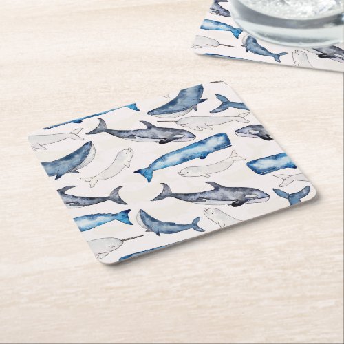 Watercolor Whales Square Paper Coaster