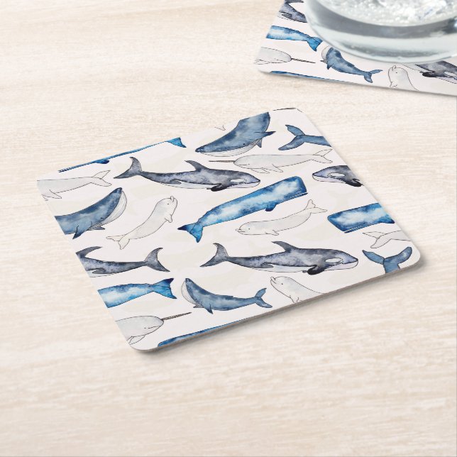 Watercolor Whales Square Paper Coaster (Angled)