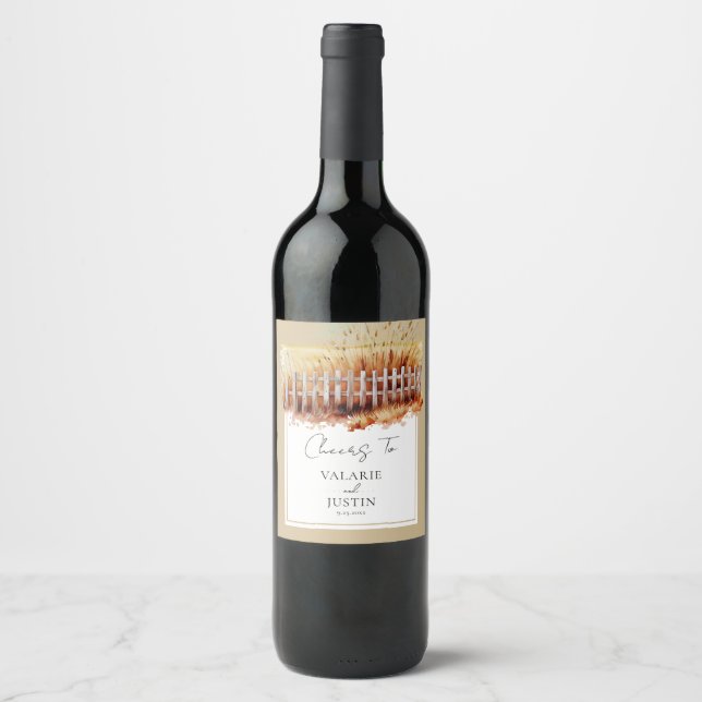 Watercolor Wheat Fence Western Wedding Wine Label (Front)