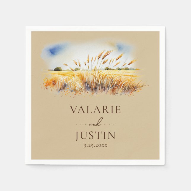 Watercolor Wheat Field Floral Wedding Napkins (Front)