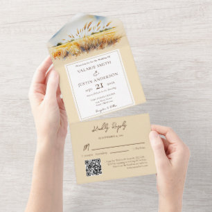 Watercolor Wheat Field Western Wedding All In One Invitation