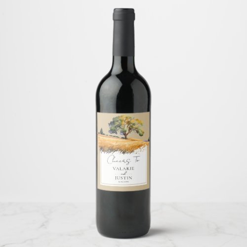 Watercolor Wheat Tree Western Wedding Wine Label