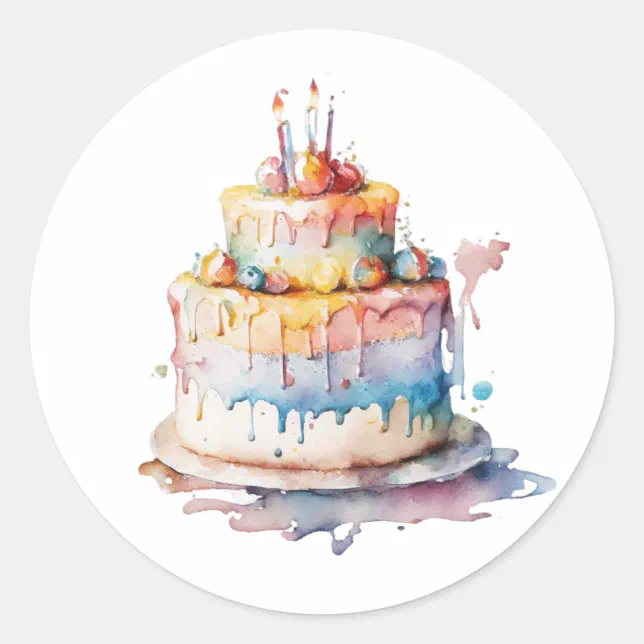 Watercolor Whimsical Birthday CAke Classic Round Sticker | Zazzle