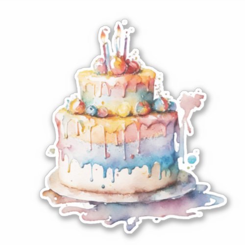 Watercolor Whimsical Birthday Cake Sticker