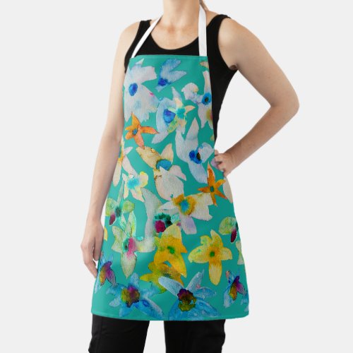 Watercolor whimsical blue flowers apron