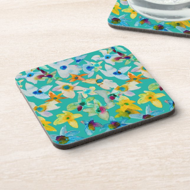 Watercolor whimsical blue flowers beverage coaster (Left Side)