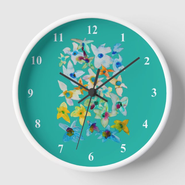 Watercolor whimsical blue flowers clock (Front)