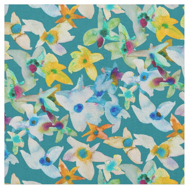 Watercolor whimsical blue flowers fabric (Close Up)