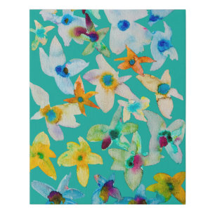 Watercolor whimsical blue flowers faux canvas print