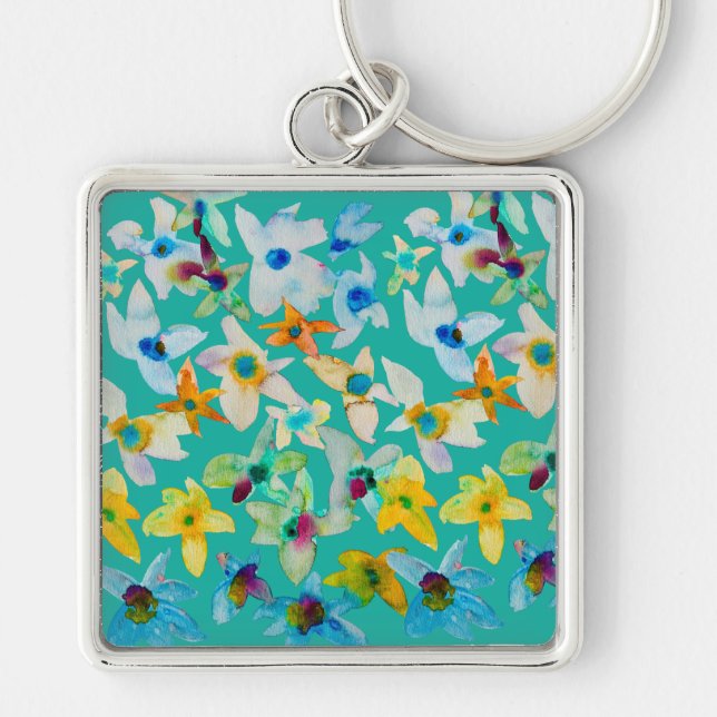 Watercolor whimsical blue flowers keychain (Front)