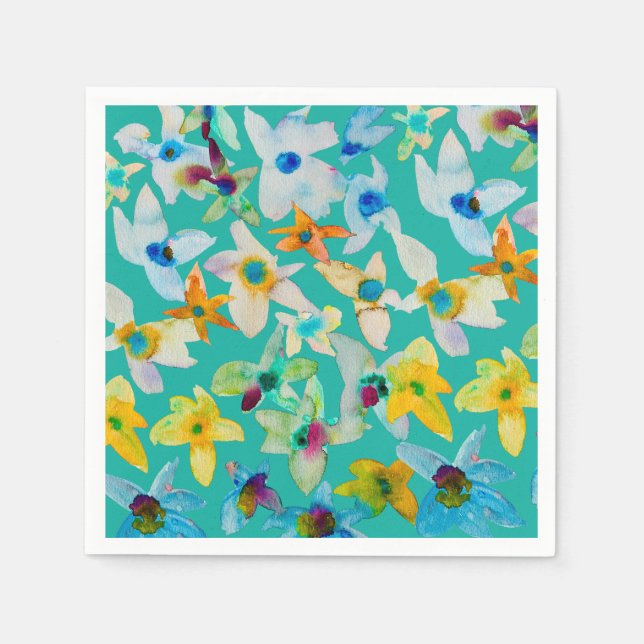Watercolor whimsical blue flowers napkins (Front)