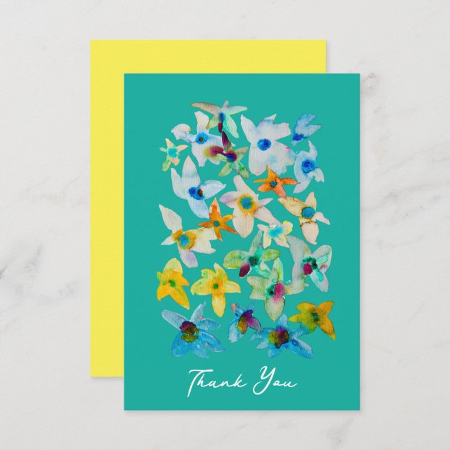 Watercolor whimsical blue flowers note card (Front/Back)