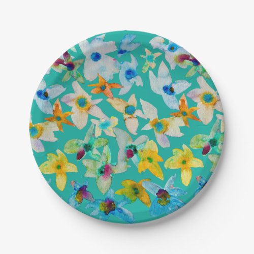 Watercolor whimsical blue flowers paper plates