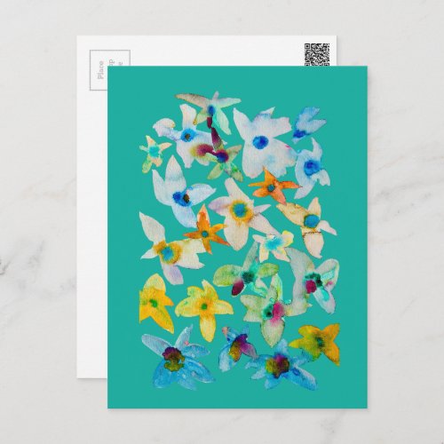 Watercolor whimsical blue flowers postcard